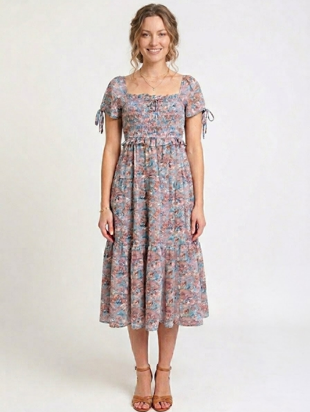 En Saison Adelina Midi Floral Pink Blue Midi Dress - Small